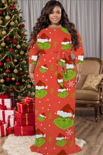 Orange Red Casual Cartoon Print Belted O Neck Long Plus Size Dresses