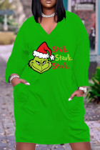 Green Red Casual Cartoon Print Pocket Basic V Neck Long Sleeve Plus Size Dresses