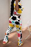 Light Gray Casual Street Camouflage Print Polka Dot Contrast O Neck Short Sleeve Two Pieces