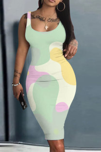 Light Green Casual Print Basic U Neck Vest Dresses
