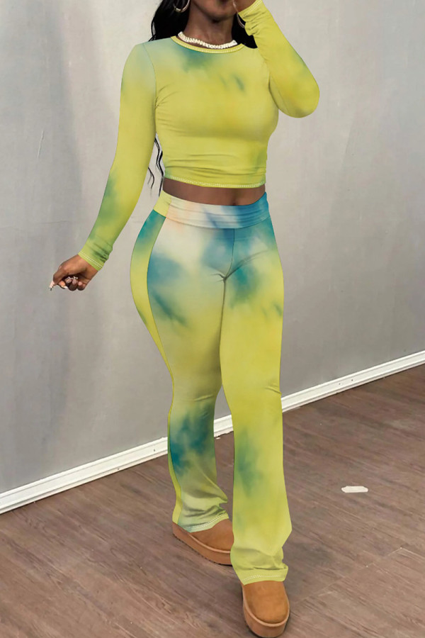 Light Yellow Casual Print Patchwork O Neck Long Sleeve Two Pieces