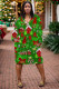 Green Casual Print Pocket V Neck Long Sleeve Dresses