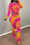 Fuchsia Casual Print Patchwork O Neck Long Sleeve Two Pieces