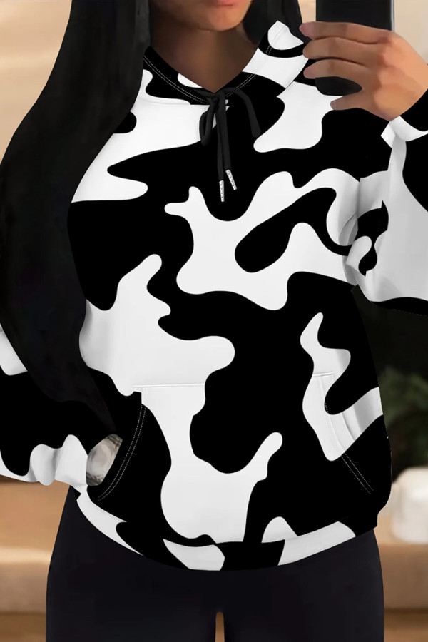 Black And White Casual Camouflage Print Draw String Pocket Patchwork Hooded Tops