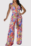 Red Casual Print Patchwork Strap Design Deep V Neck Loose Jumpsuits