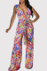 Multi-color Casual Print Patchwork Strap Design Deep V Neck Loose Jumpsuits