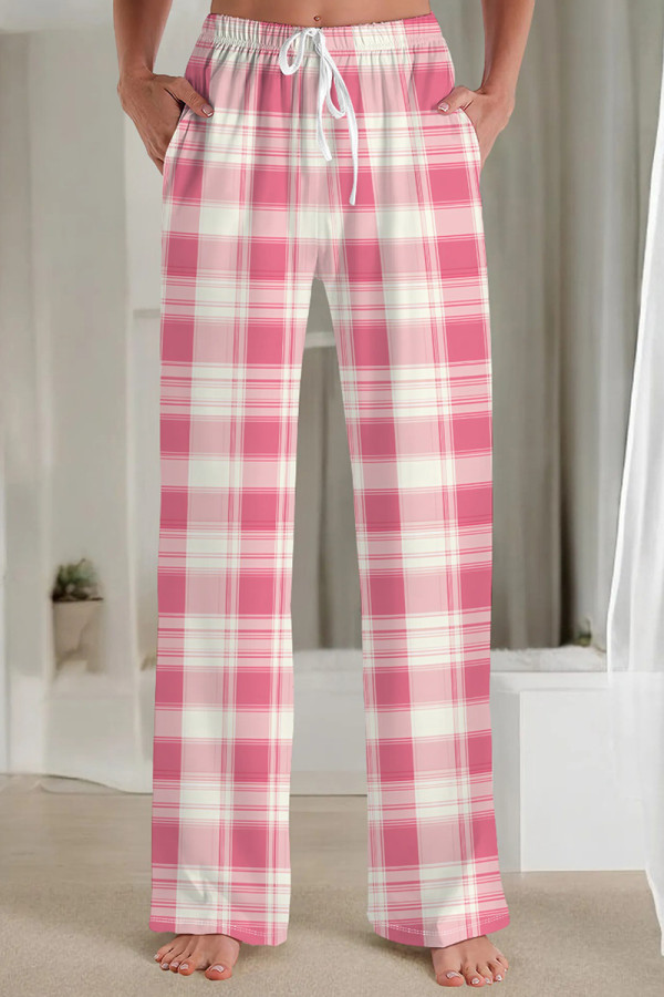 Powder White Casual Print Draw String Pocket Patchwork Loose Mid Waist Straight Full Print Bottoms