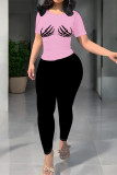 Purple Casual Street Skull Finger Print Contrast O Neck Short Sleeve Two Pieces