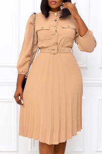 Khaki Elegant Solid Color Buckle Patchwork With Belt O Neck Long Dresses