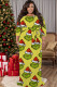 Yellow Casual Cartoon Print Belted O Neck Long Plus Size Dresses