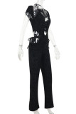 Black Sexy Print Hollow Out Patchwork Deep V Neck Skinny Jumpsuits