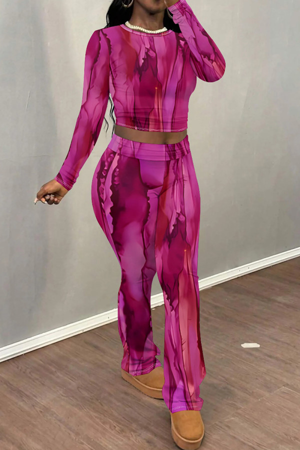 Fuchsia Casual Print Patchwork O Neck Long Sleeve Two Pieces