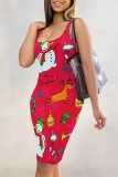 Watermelon Red Casual Santa Claus Print Basic U Neck Vest Dresses