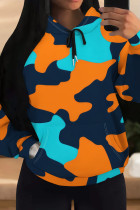 Blue Orange Casual Camouflage Print Draw String Pocket Patchwork Hooded Tops