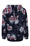 Baby Blue Casual Street Faux Denim Print Draw String Pocket Hooded Tops