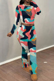 Fuchsia Casual Print Patchwork O Neck Long Sleeve Two Pieces