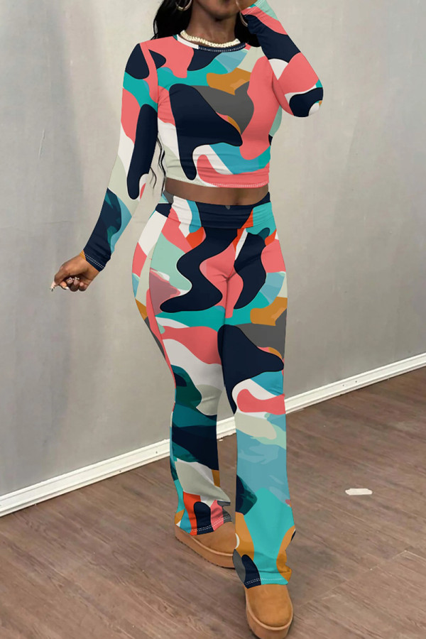 Peach Casual Print Patchwork O Neck Long Sleeve Two Pieces