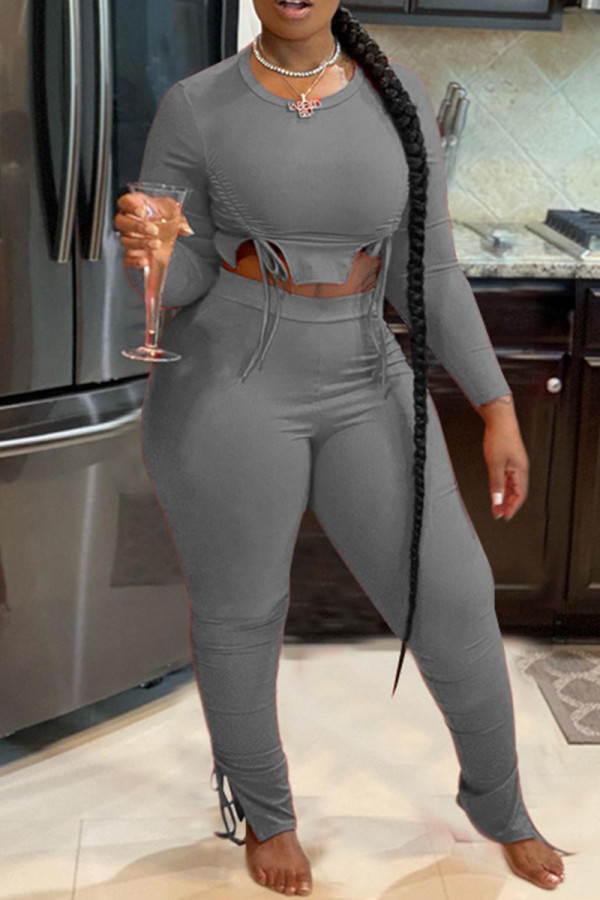 Grey Casual Solid Color Draw String Patchwork O Neck Long Sleeve Two Pieces