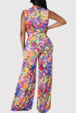 Red Casual Print Patchwork Strap Design Deep V Neck Loose Jumpsuits