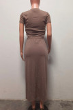 Khaki Casual Solid Color Draw String Patchwork Hot Drill O Neck Short Sleeve Two Pieces