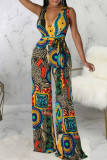 Multicolor Casual Print Patchwork Strap Design Deep V Neck Loose Jumpsuits