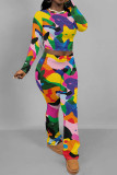 Light Yellow Casual Print Patchwork O Neck Long Sleeve Two Pieces