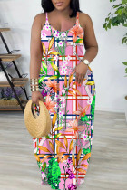 Pink Sexy Casual Print Backless Spaghetti Strap Long Dresses