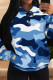 Blue Casual Camouflage Print Draw String Pocket Patchwork Hooded Tops