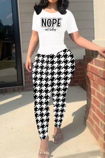 White Casual Street Plaid Letter Print Contrast O Neck Short Sleeve Two Pieces