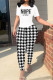 White Casual Street Plaid Letter Print Contrast O Neck Short Sleeve Two Pieces