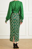Green Elegant Print Patchwork O Neck Long Dresses