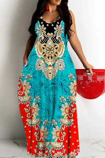 Red Blue Sexy Casual Print Backless Spaghetti Strap Long Dresses