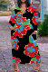 Black Red Casual Floral Print Basic V Neck Long Plus Size Dresses