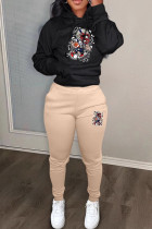 Khaki Casual Print Draw String Pocket Patchwork Hooded Long Sleeve Two Pieces
