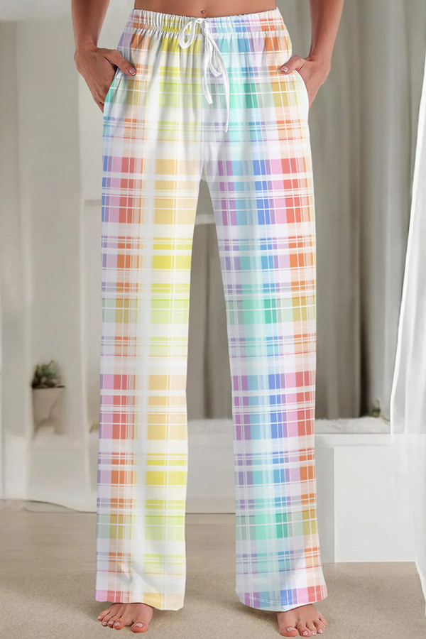Colour Casual Print Draw String Pocket Patchwork Loose Mid Waist Straight Full Print Bottoms