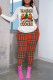 Red Khaki Casual Plaid Letter Print Basic O Neck Long Sleeve Two Pieces