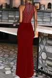 Black Elegant Solid Color Patchwork High Slit Hot Drill Zipper O Neck Long Dresses