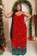 Red Green Sexy Casual Print Backless Spaghetti Strap Long Dresses