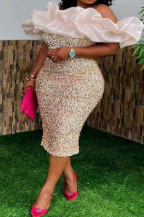 Apricot Elegant Sequins Patchwork Backless Slit Off Shoulder Wrapped Skirt Dresses