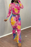 Fuchsia Casual Print Patchwork O Neck Long Sleeve Two Pieces