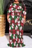 Red Casual Print Basic Belted O Neck Long Plus Size Dresses