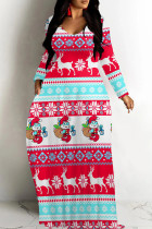 Red Blue Casual Print Basic V Neck Long Dresses