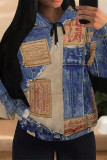 Baby Blue Casual Street Faux Denim Print Draw String Pocket Hooded Tops