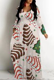 White Casual Print Basic V Neck Long Dresses