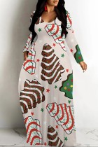 Pink Brown Casual Print Basic V Neck Long Dresses
