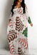Pink Brown Casual Print Basic V Neck Long Dresses