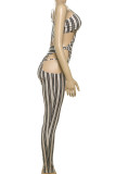 Khaki Casual Stripe Hollow Out Patchwork Asymmetrical Collar Skinny Jumpsuits