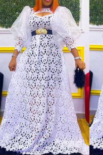 White Elegant Solid Color Hollow Out Patchwork With Belt O Neck Long Dresses
