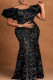 Black Elegant Solid Color Sequins Patchwork Ruffled Trim O Neck Long Dresses