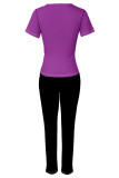 Purple Casual Street Skull Finger Print Contrast O Neck Short Sleeve Two Pieces